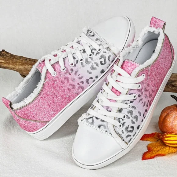 Pink ombré  leopard print casual canvas shoes - Picture 2 of 3